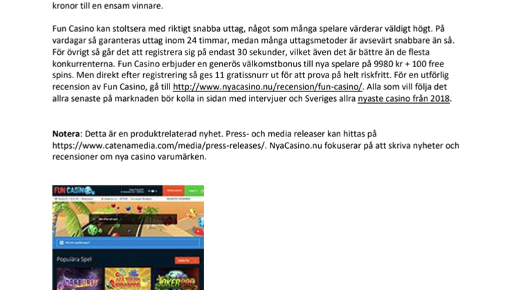 Nya Casino produktnyhet: Fun Casino går live