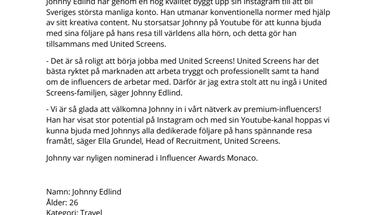 Sveriges största manliga Instagram-profil Johnny Edlind storsatsar på Youtube tillsammans med United Screens
