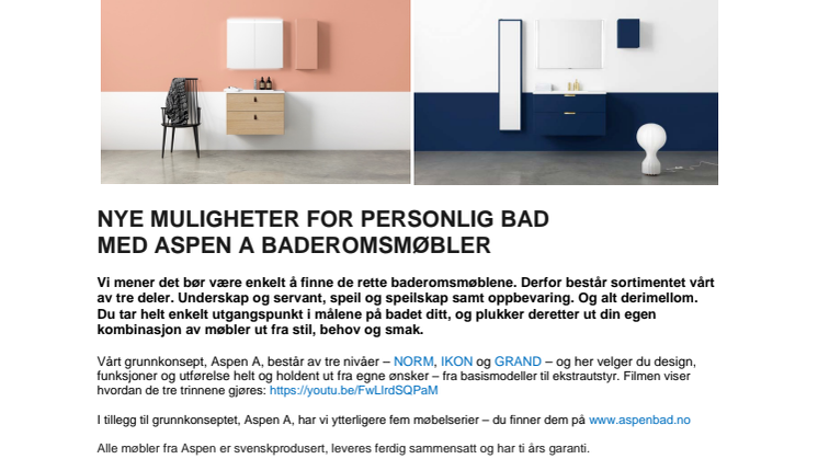 Nye muligheter for personlige baderom med Aspen A baderomsmøbler