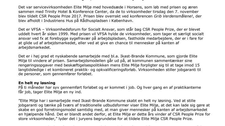 Elite Miljø vinder CSR People Prize 2017 for store virksomheder