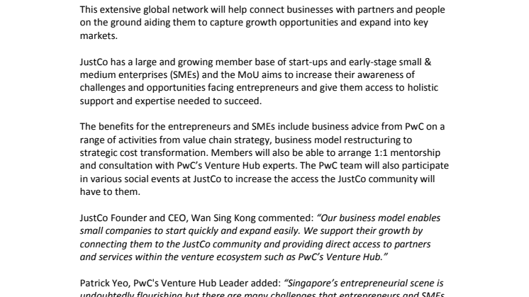 JustCo signs MoU with PwC's Venture Hub to give start-ups access to a global network of business expertise