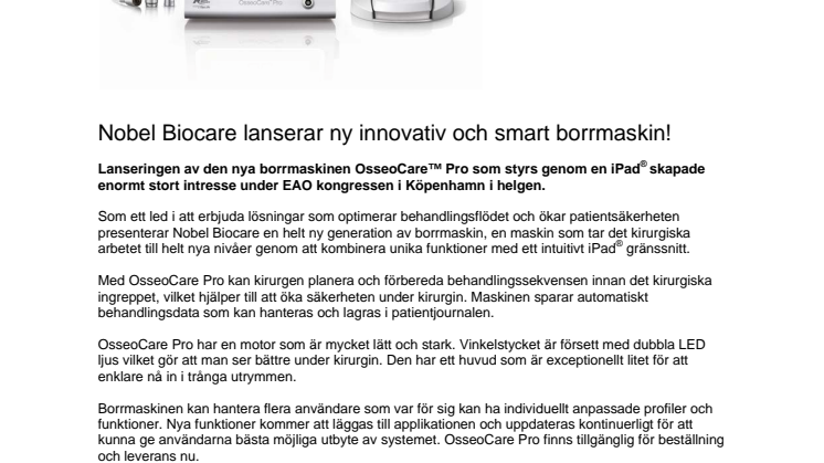 Nobel Biocare lanserar ny innovativ och smart borrmaskin!