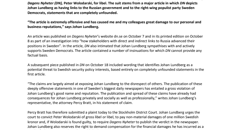 Johan Lundberg sues DN for libel