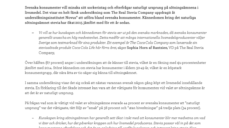 Konsumenter efterfrågar naturliga sötningsämnen i livsmedel