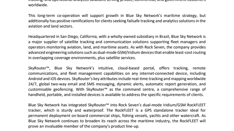 Rock Seven and Blue Sky Network partner to deliver asset tracking at sea, on land and in the air 