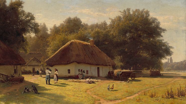 Vladimir Donatovich Orlovsky: Russian landscape with peasants at a farmer’s house on the outskirts of a forest.