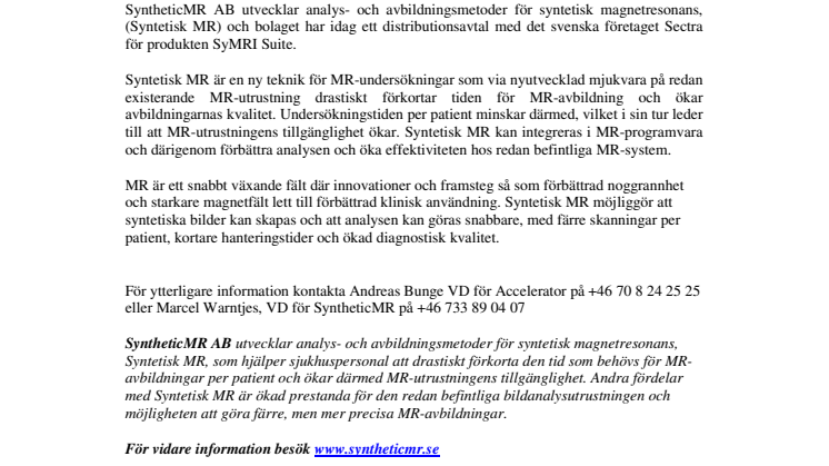 Accelerators dotterbolag SyntheticMR erhåller CE-märkning av sin produkt 