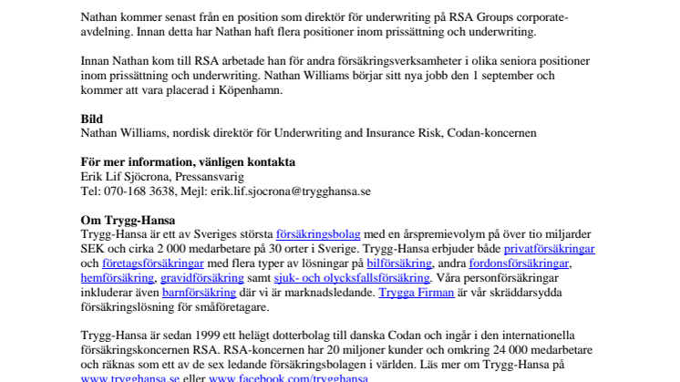 Nathan Williams utnämnd till ny nordisk direktör för Underwriting and Insurance Risk i Trygg-Hansa/Codan