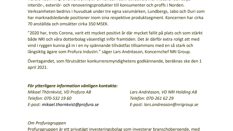 Profura Industri förvärvar NRI Group
