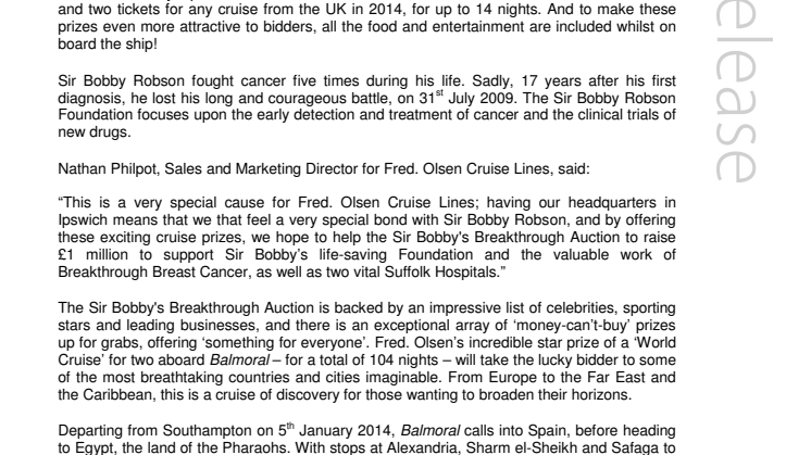 Fred. Olsen Cruise Lines is proud to support the  Sir Bobby’s Breakthrough Auction to raise £1 million to fight cancer