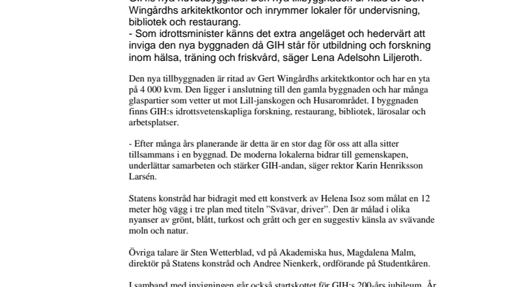 Idrottsminister inviger ny byggnad på GIH