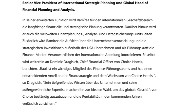 Choice Hotels International beruft neuen Finanzstrategie-Chef 