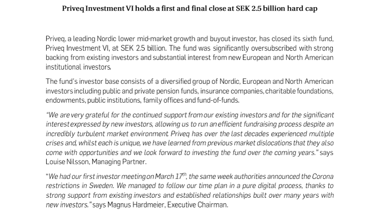 Priveq Investment VI holds a first and final close at SEK 2.5 billion hard cap