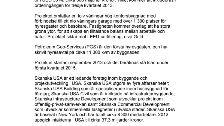Skanska investerar cirka 613 miljoner kronor i ny kontorsfastighet i Houston, USA 
