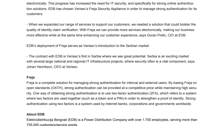 Verisec Delivers Strong Authentication Solution to EDB – Serbia’s Largest Power Distribution Company