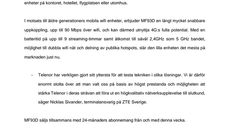 Telenor lanserar ZTEs mobila 4G router