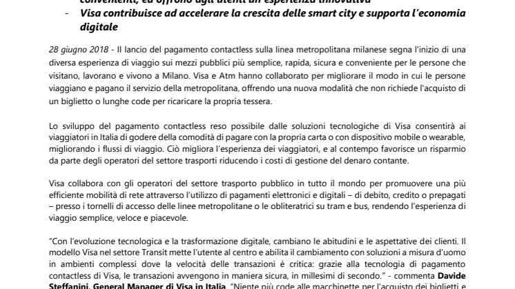 Visa e Atm trasformano il modo di viaggiare e pagare il servizio dei trasporti pubblici a Milano