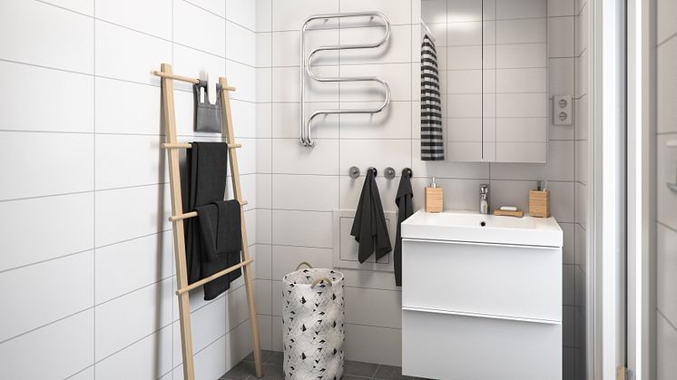 Illustration av interiör, badrum ovanvåning, BoKlok småhus, 2021. 