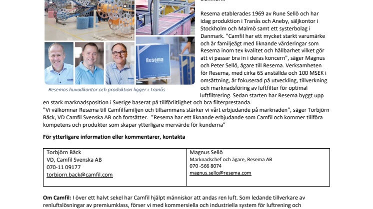 CAMFIL SVENSKA AB FÖRVÄRVAR RESEMA AB & RESEMA A/S