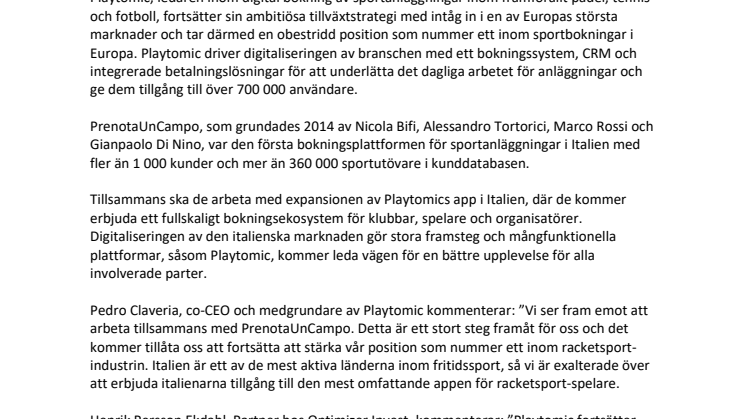Playtomic förvärvar italienska ledaren PrenotaUnCampo - blir världens största racketsports-app