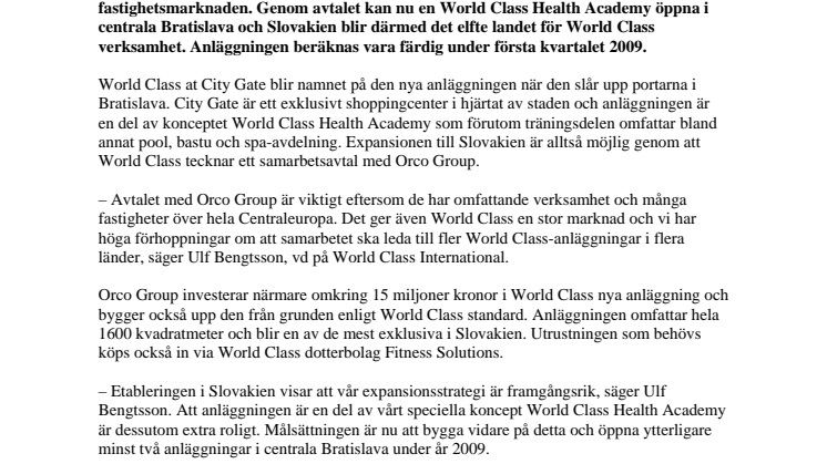 WORLD CLASS ÖPPNAR HEALTH ACADEMY OCH ETABLERAR SIG I SLOVAKIEN