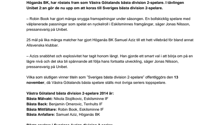 Västra Götalands bästa div 2-spelare utsedda
