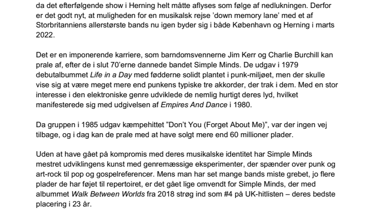 Simple Minds fejrer 40-års jubilæum med to koncerter på dansk grund