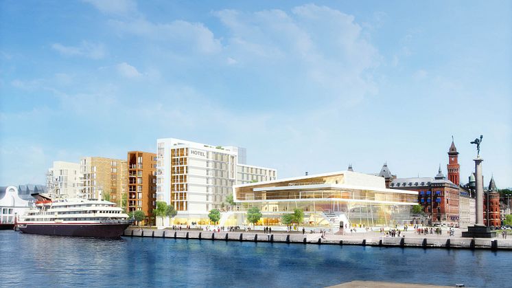 Den nya kongressanläggningen får ett exklusivt läge i Helsingborgs centrum med utsikt över Öresund och Danmark. Bild: Midroc Property Development AB Arkitekt: Jais arkitekter.