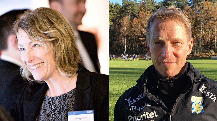 Årets alumner 2017 vid Luleå tekniska universitet, Victoria Van Camp, chef för affärs- och produktutveckling inom SKF och Fredrik Larsson, fysioterapeut för Sveriges herrlandslag i fotboll. Foto: Karl William/Captain Norway