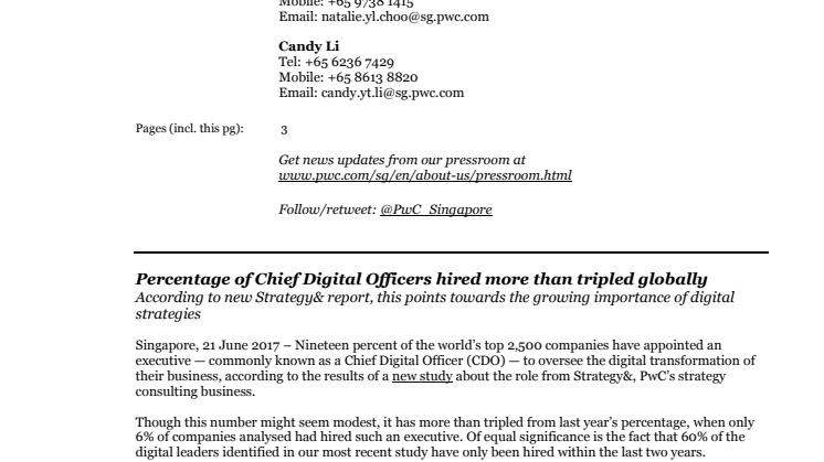 Percentage of Chief Digital Officers hired more than tripled globally