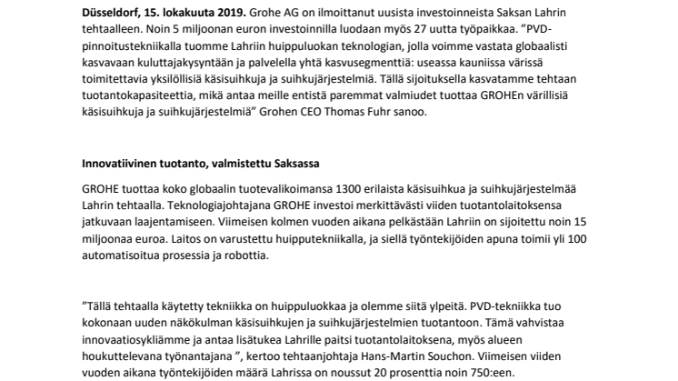 GROHE investoi 5 miljoonaa euroa väriteknologiaan, luoden samalla uusia työpaikkoja Saksassa