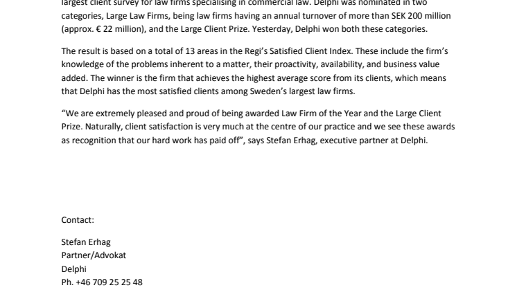 Delphi proud winner of Law Firm of the Year 2015 