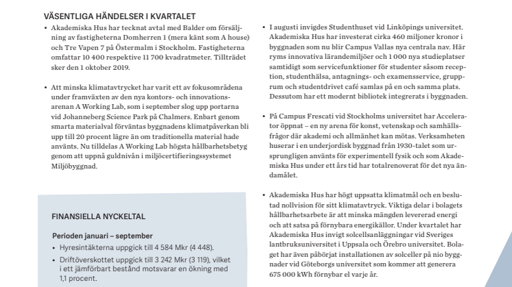 Delårsrapport 1 januari - 30 september 2019