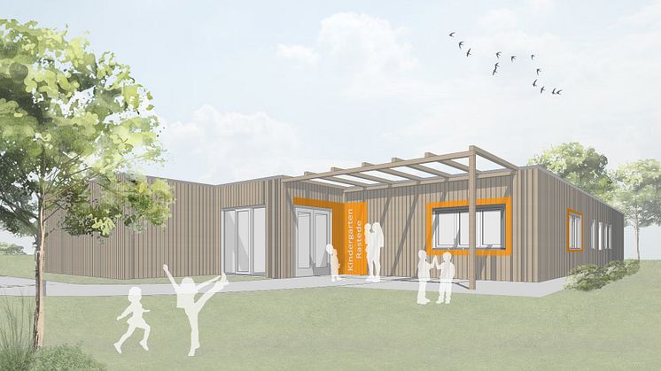 Dynamische Gebäudestruktur in Modulbauweise. Die von Algeco errichtete Kita Feldbreite schafft mit ihrer abwechslungsreichen Architektur ein kindgemäßes Zusammenspiel von Innen- und Außenanlage. 