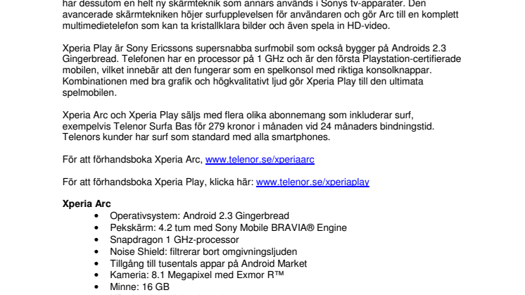 Start för förhandsbokning av Xperia Arc och Xperia Play hos Telenor