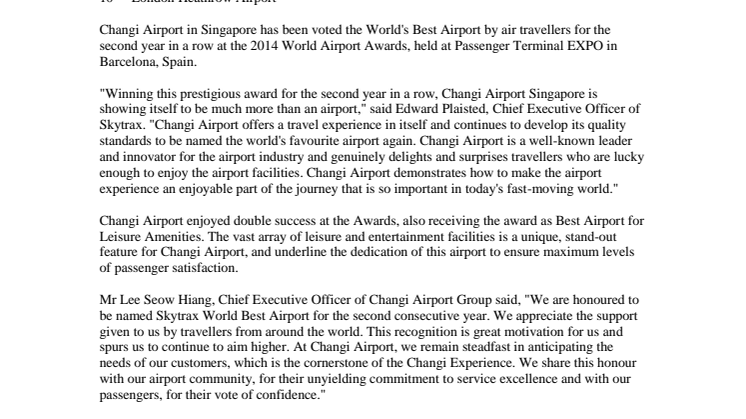 Singapore Changi Airport named the World's Best Airport for 5th time at the 2014 Skytrax World Airport Awards