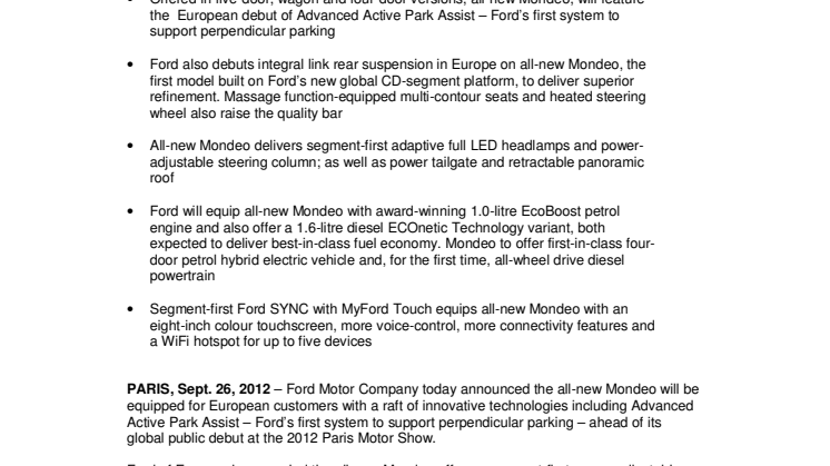 All-New Ford Mondeo Offers Advanced Active Park Assist, Power-Adjustable Steering Column and New Suspension