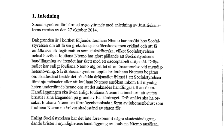 Socialstyrelsens yttrande till JK i Eva-Maria Thiels fall - 20150127