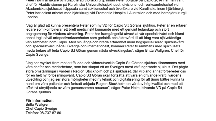 ​Peter Holm utses till ny VD för Capio S:t Görans sjukhus i Stockholm