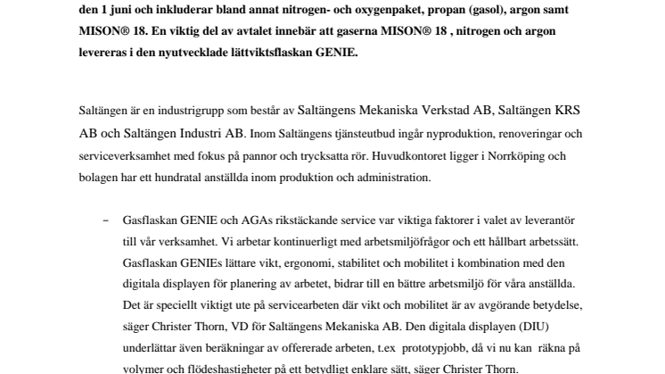 Saltängen satsar på en bättre arbetsmiljö med GENIE® gasflaska från AGA 