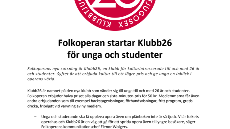 Folkoperan startar Klubb26 för unga och studenter