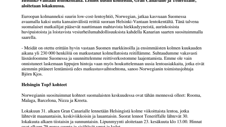 Norwegian tarjoaa lisää kansainvälisiä reittejä Helsingistä