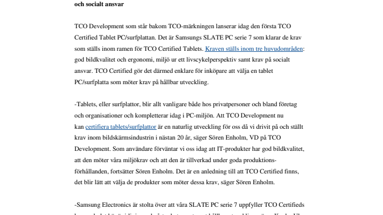 Första TCO-certifierade Tablet PC/surfplattan lanseras