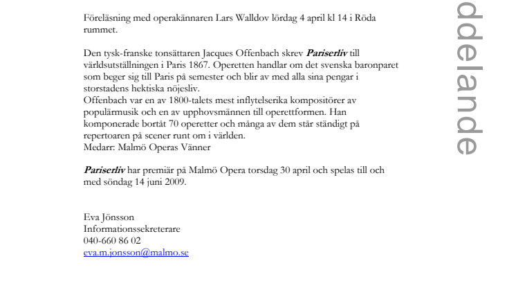 Stadsbiblioteket i Malmö: Om Pariserliv - operett av Offenbach