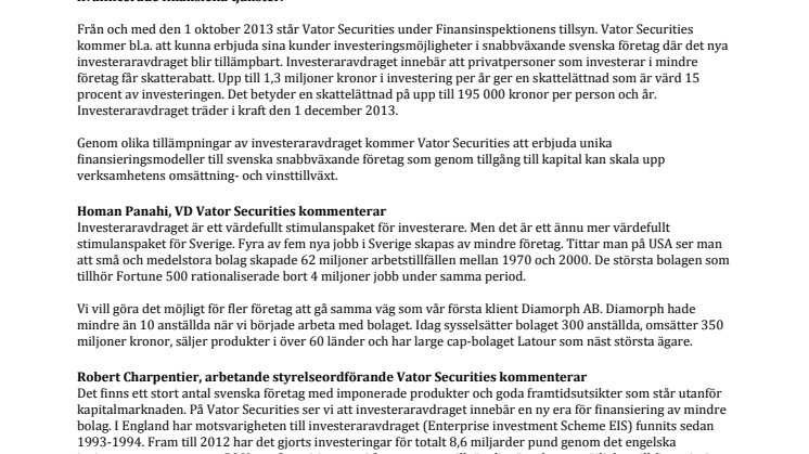 Vator Securities erhåller tillstånd från Finansinspektionen för att bedriva värdepappersrörelse