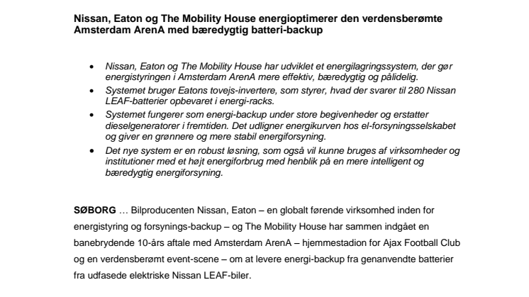 Nissan, Eaton og The Mobility House energioptimerer den verdensberømte Amsterdam ArenA med bæredygtig batteri-backup 