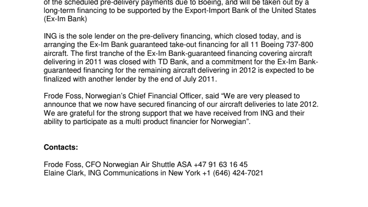 Norwegian has mandated aircraft financing to ING for a total of 3 billion NOK