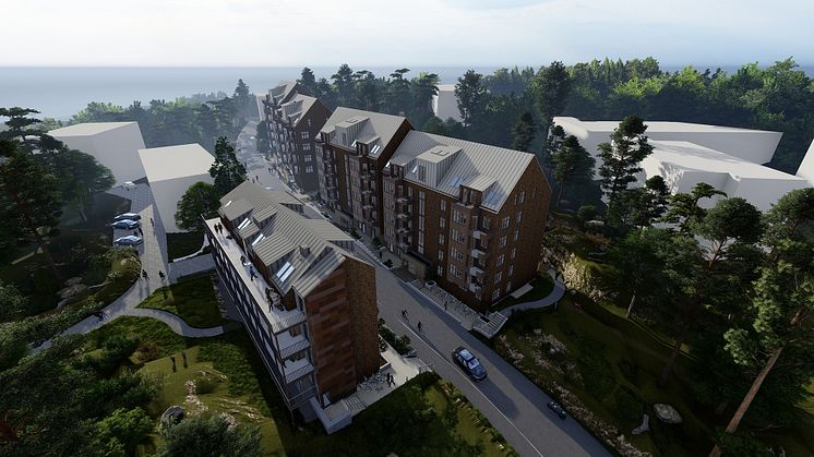 I det natursköna området i Östra Kålltorp låg tidigare ett sanatorium som har inspirerat till utformningen av de nya hyresrätterna som byggs i tre olika huskroppar. Bild: Radar Arkitektur
