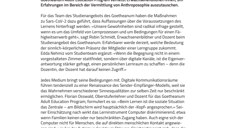 «Mit der digitalen Welt lernen wir eine neue Sprache»: Goetheanum Adult Education Program beginnt neu 2021