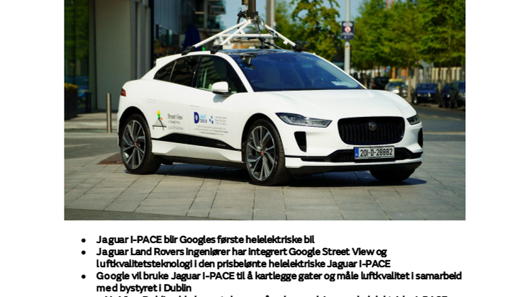 Jaguar Land Rover og Google måler luftkvaliteten i Dublin med helelektrisk Jaguar I-PACE